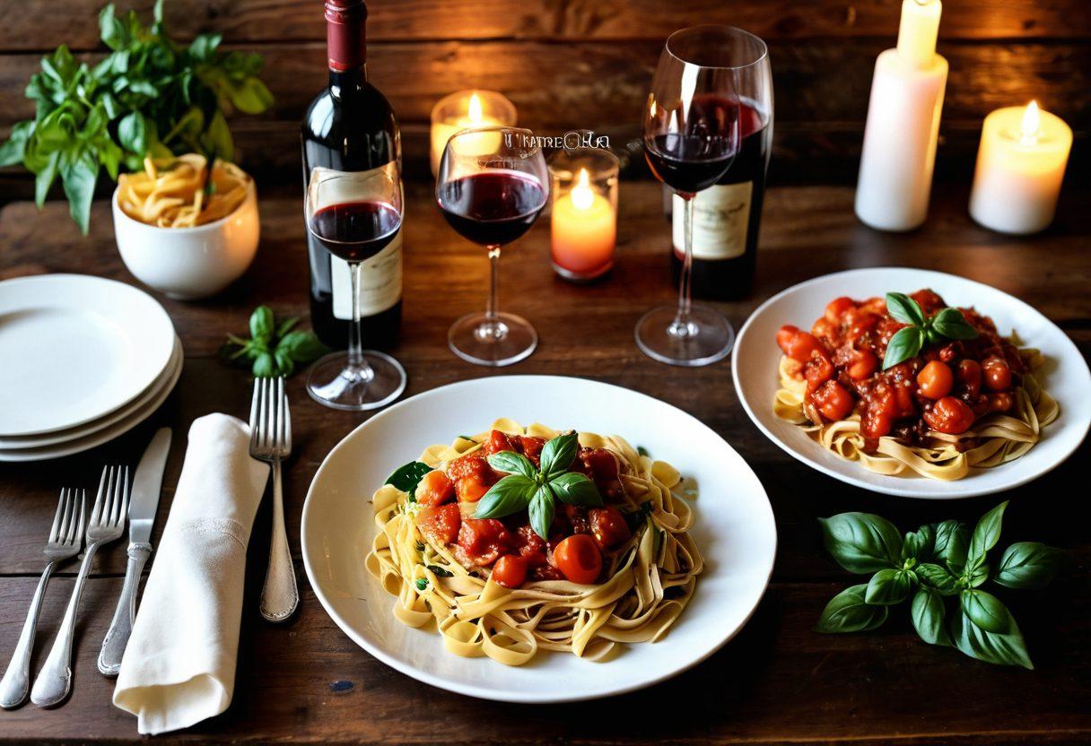 A beautifully set rustic wooden table adorned with charming Italian dishes, including a plate of handmade pasta, vibrant tomato sauce, garnished with fresh basil. Soft, warm candlelight casts a romantic glow, with a bottle of Chianti wine and elegant dessert plates subtly hinting at a cozy Italian dinner date. Incorporate elements like fresh herbs and artisan bread for a touch of elegance. super-realistic. warm colors. rustic style.