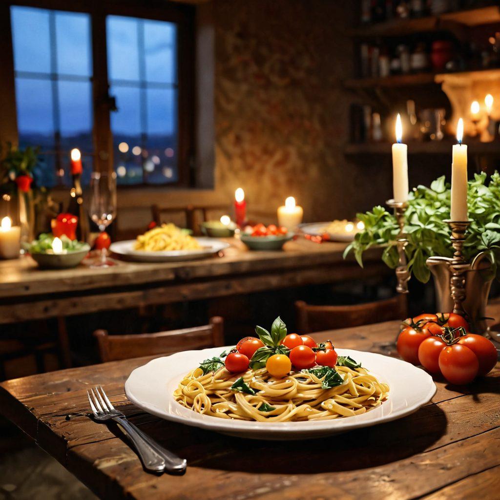 A beautifully set dinner table adorned with vintage Italian tableware, featuring a candlelit ambiance. In the foreground, a plate of authentic Italian pasta, garnished with fresh herbs and vibrant tomatoes. The background showcases a rustic kitchen with traditional Italian ingredients like olive oil, basil, and ripe vegetables. Soft, warm lighting enhances the romantic atmosphere of the dining experience. super-realistic. warm tones. soft focus.