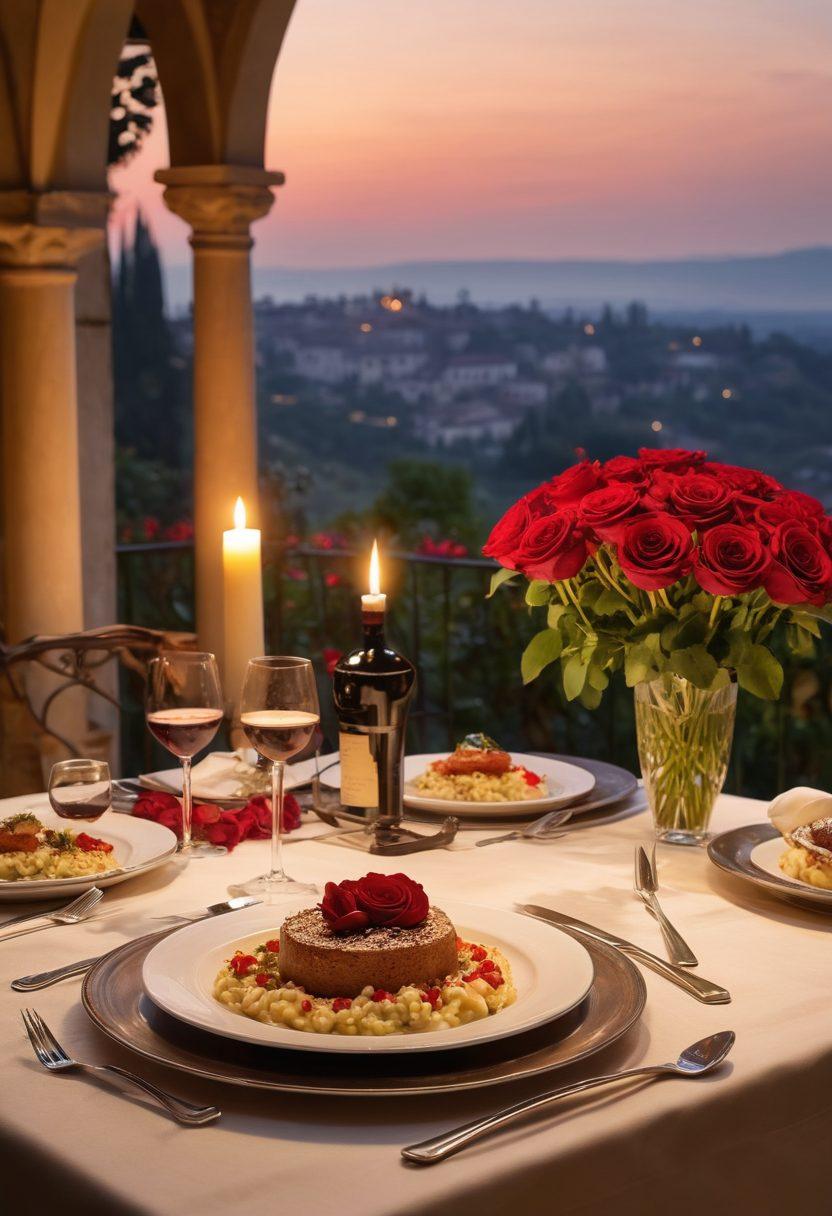 A beautifully set Italian dining table adorned with rich, deep red roses and flickering candlelight, featuring an array of enticing dishes like creamy risotto, decadent tiramisu, and a bottle of fine red wine. Soft, romantic lighting enhances the sensual atmosphere, with a backdrop of a picturesque Italian villa under a twilight sky. The scene evokes intimacy and passion, inviting viewers to indulge in a romantic culinary experience. super-realistic. warm tones. soft focus.